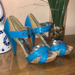 Turquoise Blue and Cork Strappy heels